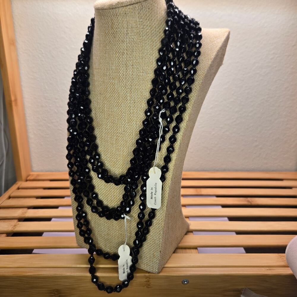 VTG Czech Black Glass Flapper Necklace Set Lot 2 Long Faceted French Jet 74"